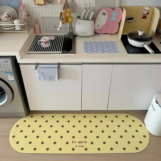 Tapetes dedicados para cozinha com bolinhas amarelas, absorventes de água, absorventes de óleo, antiderrapantes, para pé