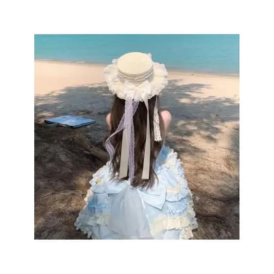 Original ins estilo doce renda lolita lolita chapéu de palha estilo Mori Pastoral Lo praia guarda-sol Streamer chapéu de