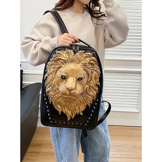 Único 3D tridimensional cabeça de leão mochila 2025 novo estilo de couro macio das mulheres dos homens grande capacidade
