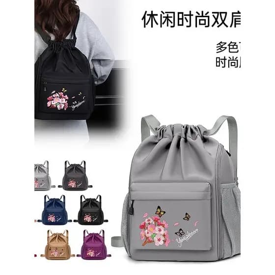 Mochila esportiva bordada feminina bolso de grande capacidade viagem leve bolso com cordão