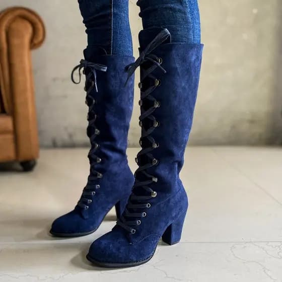 2026 inverno novo estilo botas femininas tamanho grande camurça dedo do pé redondo francês salto grosso longo tubo senho