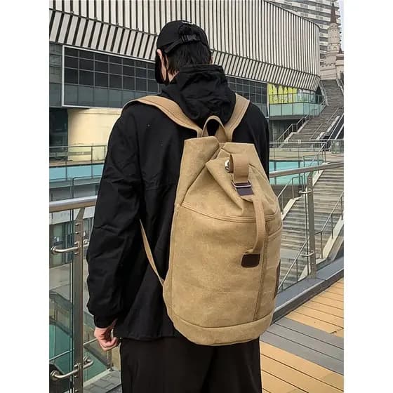 Mochila de grande capacidade, bolsa escolar para estudantes, montanhismo ao ar livre, viagem, lona, balde redondo, tipo