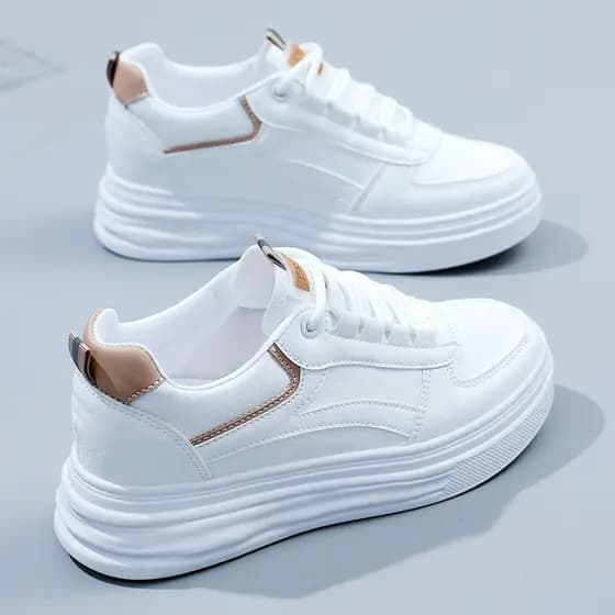 Sapatos brancos de aumento interno femininos 2026 novo estilo de sola grossa All-Match rendas dedo do pé redondo sapatos