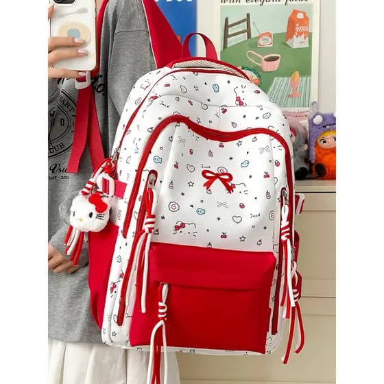 Bonito dos desenhos animados impresso gato bordado arco mochila feminino estudantes do ensino médio estudante do ensino
