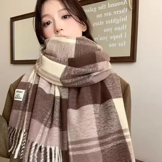 Estilo coreano café cor xadrez cachecol feminino outono inverno 2025 novo estilo quente High-End Wear babador imitação C