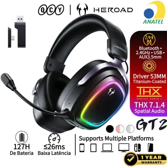 QCY Heroad GT2 Sem Fio Headset gamer Fone Bluetooth Com 3 Microfone ENC THX Tri-Mode Driver 53MM Bluetooth 6.0
