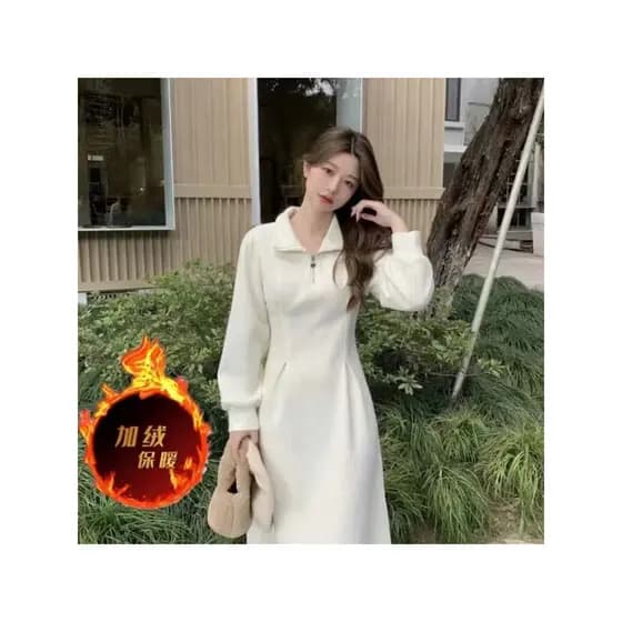 Outono inverno novo estilo estilo suave temperamento cintura estreita manga comprida velo engrossado vestido gordura mm