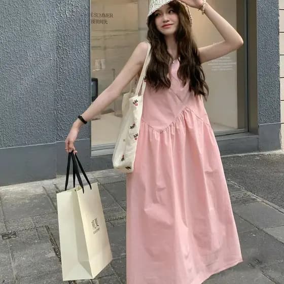Verão novo estilo estilo estilo francês temperamento Design sem mangas redução de idade costura colete rosa saia longa v