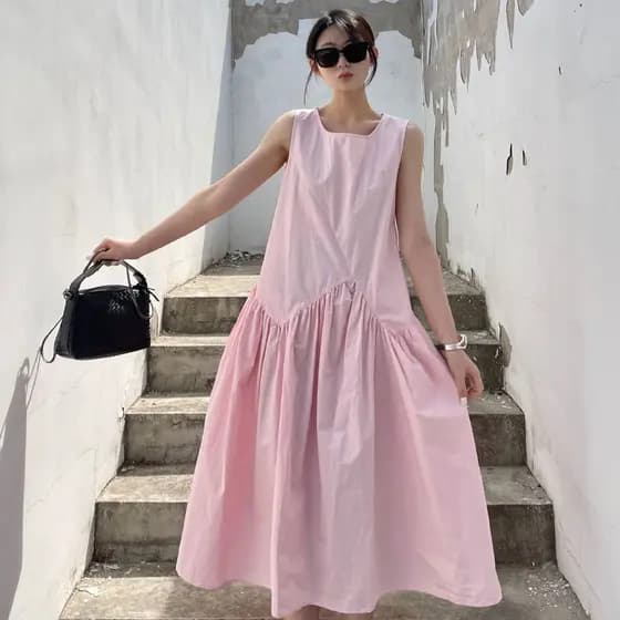 Rosa francês estilo suave vestido sem mangas verão 2025 novo estilo Design redução de idade longo colete vestido de verã