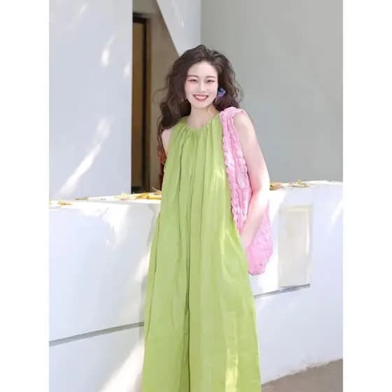 Saia feminina férias à beira-mar High-End francês Retro chá Break sem mangas Halter abacate vestido verde verão
