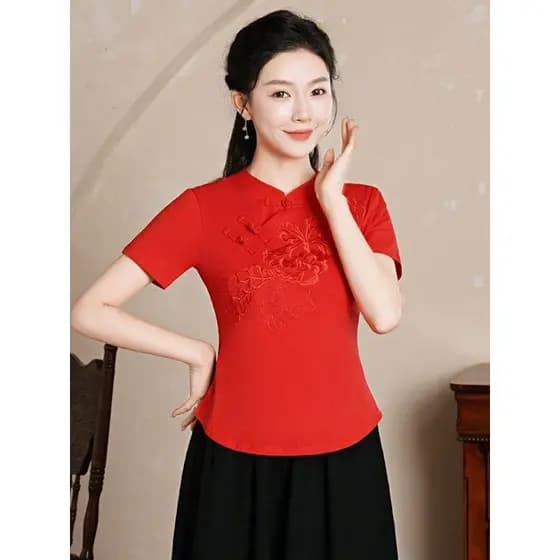 Mãe de meia-idade estilo étnico Plus Size feminino topo 2026 verão Retro estilo chinês gola alta bordado de manga curta