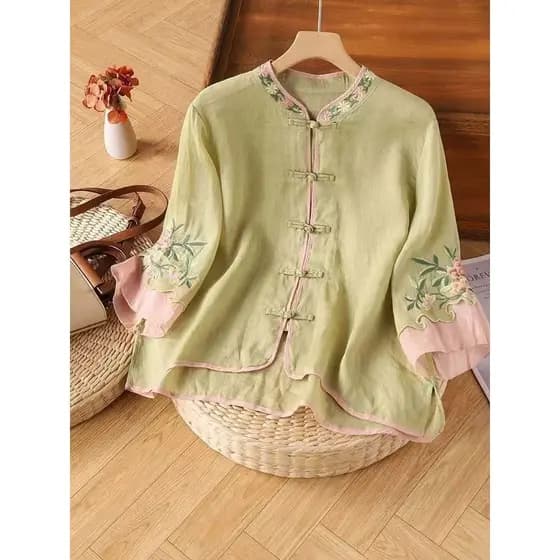 Estilo chinês Retro bordado algodão linho camisa feminina 2026 verão novo estilo melhorado Tang terno manga de três quar