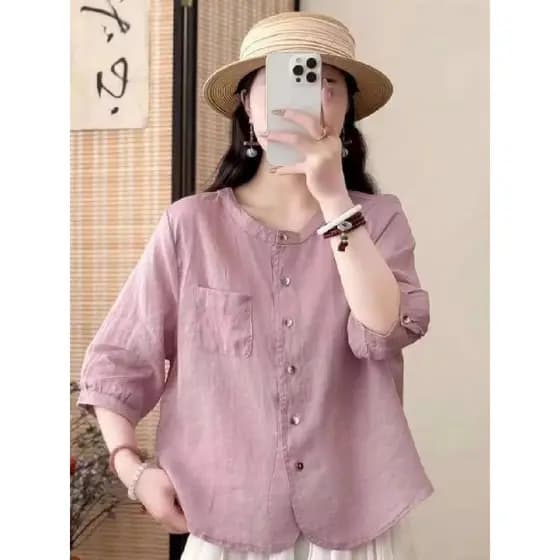 Mãe de meia-idade temperamento camisa de linho senhoras moda High-End verão solto capa barriga algodão linho manga três