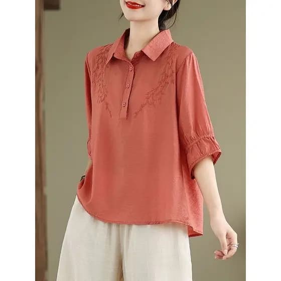 Mãe bordada moda camisa lapela pequena camisa topo verão novo estilo moda meia-idade idosos camisa mais magro olhar cinc