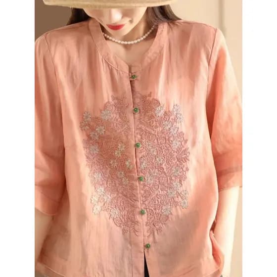 2025 verão novo estilo chinês Retro indústria pesada bordado algodão linho camisa feminina High-End elegante manga de tr
