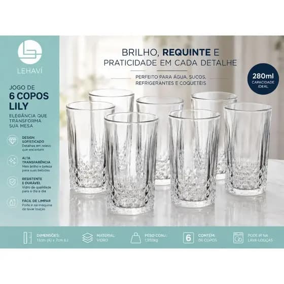 🥤 Jogo 6 Copos Vidro 280ml Copo Lily Transparente Suco Água Drink Mesa Posta Elegante