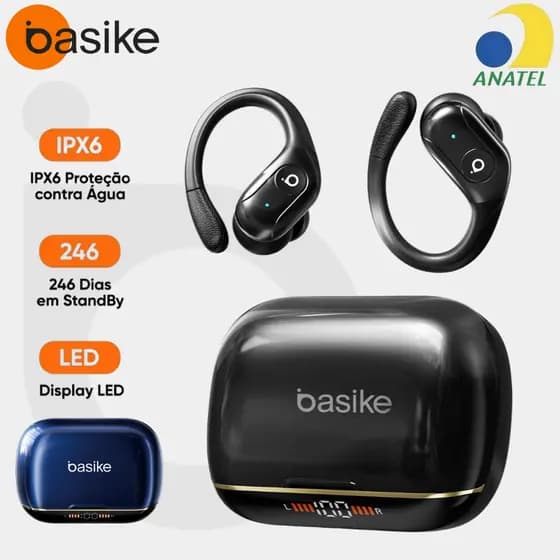 BASIKE Fone de Ouvido Esportivo Bluetooth 6.0, com Cancelamento de Ruído, Gancho Orelha e Bateria de Longa Duração