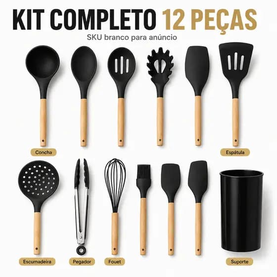 Kit 12 Peças de Utensílios de Silicone Alimentício com Suporte, Resistente ao Calor e Antiaderente