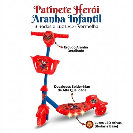 Patinete Infantil 3 Rodas Led Vermelho Brinquedo Seguro Estiloso Meninos 35 kg Antiderrapante Cesta