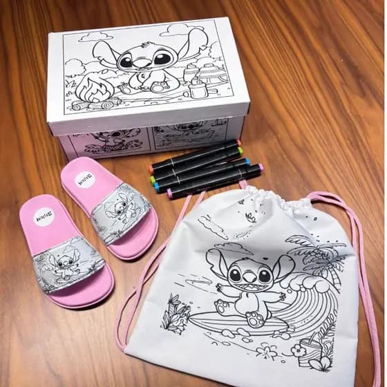 KIT SLIDE CHINELO COLORIR LILO STITCH + BOLSA + CAIXA 2026