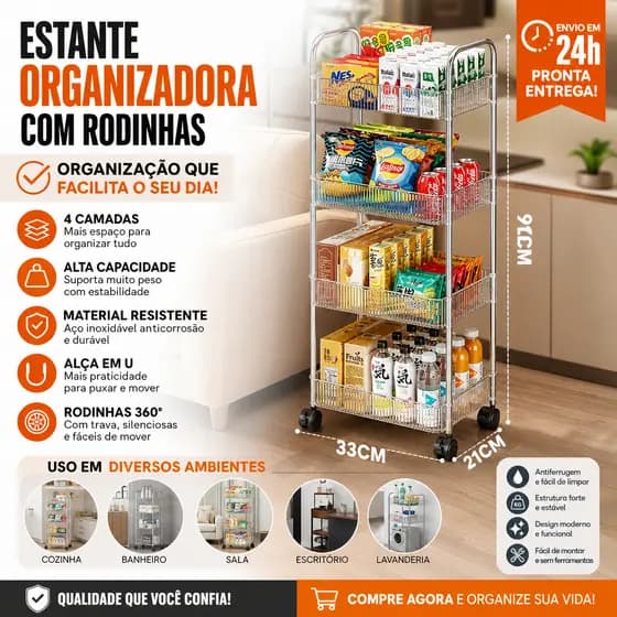 Carrinho Organizador 4 Camadas Transparente com Rodízios 360°, Multiuso para Cozinha, Banheiro e Escritório