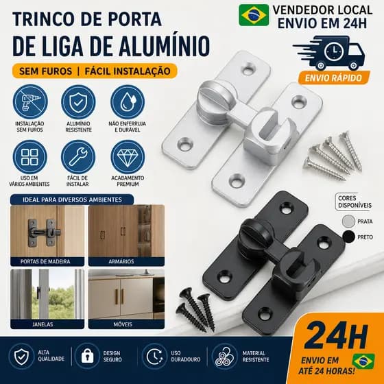 Trinco de Porta de Alumínio Sem Furo - Fecho Tranqueta Resistente Fácil de Instalar Não Danifica Porta Janela Armário