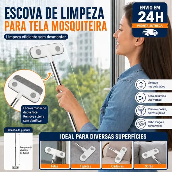 Limpador de Tela Mosquiteira Cabo Telescópico Dupla Face Sem Desmontar Aço Inoxidável