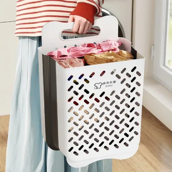 Cesto de roupa suja dobrável e retrátil – adesivo forte na parede