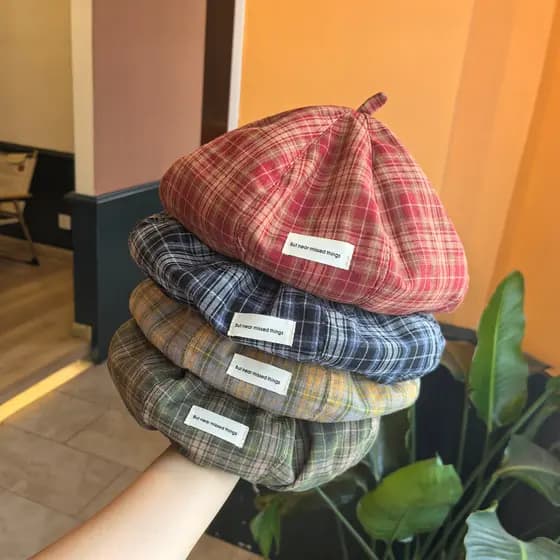 Novo estilo boina primavera verão outono estilo fino redondo tweet tweet xadrez na moda chapéu moda doce cor boina pinto