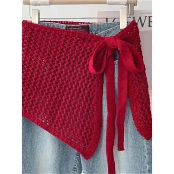 Vermelho oco malha xale exterior feminino colete High-End saia cintura cachecol cinto cachecol oco triângulo cachecol