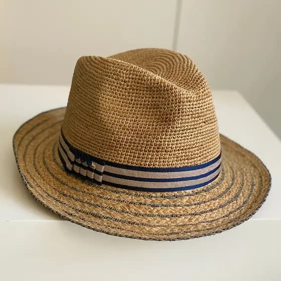 Chapéu superior de ráfia Natural artesanal crochê contraste cor férias britânicas guarda-sol Curling pequena borda Jazz