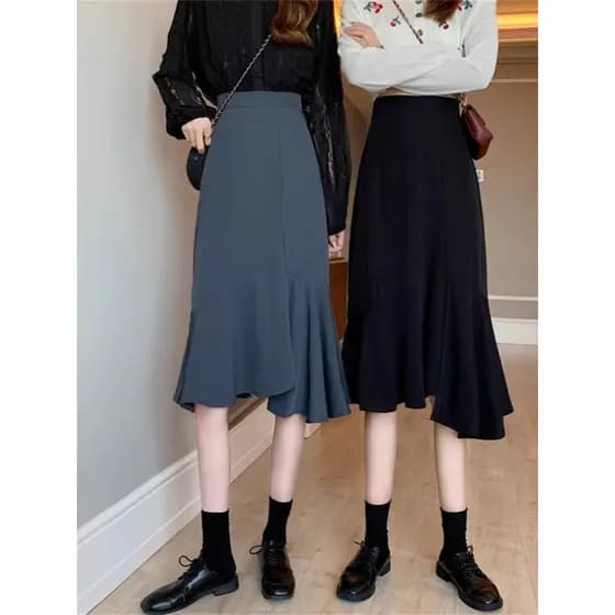 A linha saia de comprimento médio pequena saia Irregular feminino estilo verão cintura alta mais magro olhar All-Match F
