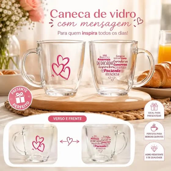 Caneca de Vidro Mãe Atenciosa 350ml Presente para Mulheres