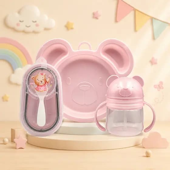 Kit Alimentação Infantil 4 Peças com Prato, Copo com Canudo e Porta Papinha Ursa Cintilante Rosa