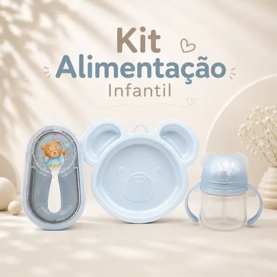 Kit Alimentação Infantil 4 Peças com Prato, Copo com Canudo e Porta Papinha Urso Cintilante