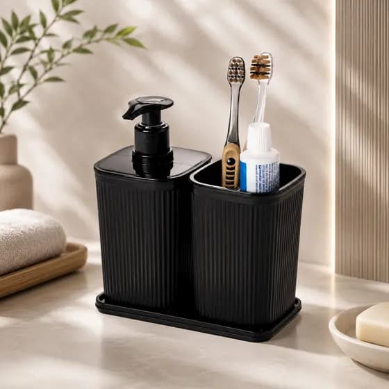 Kit Banheiro 3 Peças Preto Porta Sabonete Líquido, Porta Escovas e Bandeja Plasútil