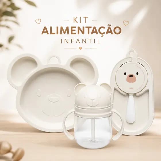 Kit Alimentação Infantil 4 Peças com Prato, Copo com Canudo e Porta Papinha Urso Bege