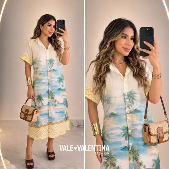 Vestido Chemise Feminino Estampado Midi Botões Linho Premium Elegante Casual Verão Confortável Lançamento Tendência