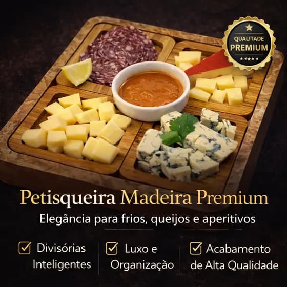 Petisqueira Madeira Divisórias Tábua de Frios Queijos Petiscos Aperitivos Gourmet Premium