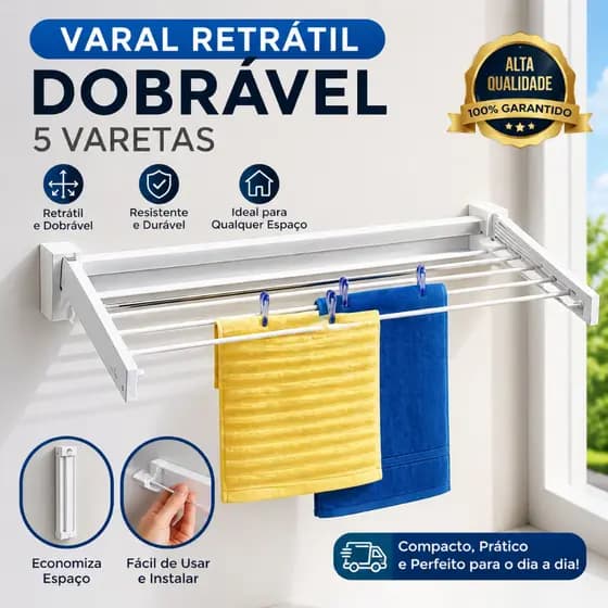 Varal Retrátil Dobrável 5 Varetas Parede Compacto Inox Economiza Espaço Lavanderia Apartamento