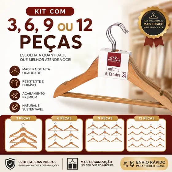 Kit Cabides 3, 6, 9 ou 12 Cabides de Madeira Premium – Qualidade e Sofisticação