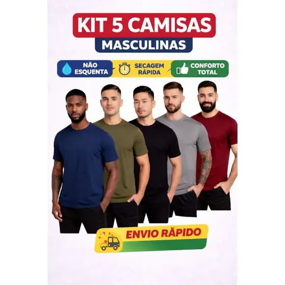 Kit 5 ou 3 Camisetas Poliéster DryFit Masculina Lisa Academia Corrida Casual Esportes Confortável