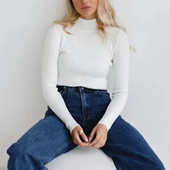 Camisa feminina de malha de fundo meia gola alta Slim fit alfaiataria cor sólida estilo básico