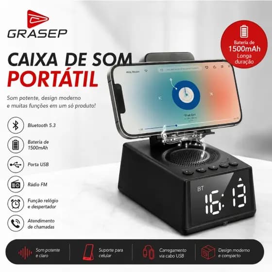 Caixa de Som Bluetooth Portátil com Relógio Digital e Suporte para Celular USB FM