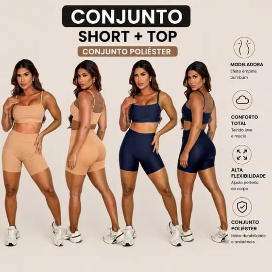 Conjunto Fitness Feminino Short + Top Academia Poliéster Elastano Alta Elasticidade Treino Corrida Confortável