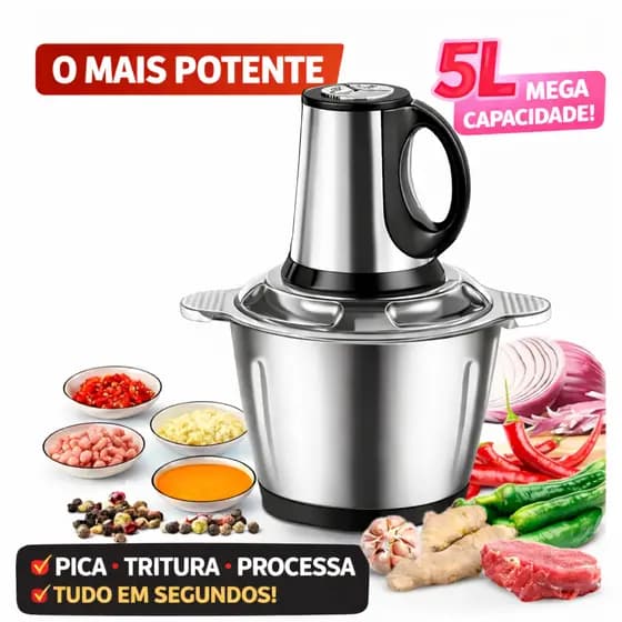 Multiprocessador de Alimentos Elétrico 5L Triturador e Moedor de Carnes e Legumes, Lâminas em Aço, Tigela Removível