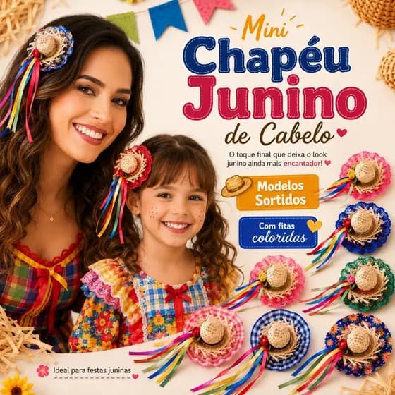 Kit até 4 Mini Chapéu Junino de Cabelo Presilha Infantil Adulto Xadrez Chita Renda Sortido Festa Junina São João Chapéuz