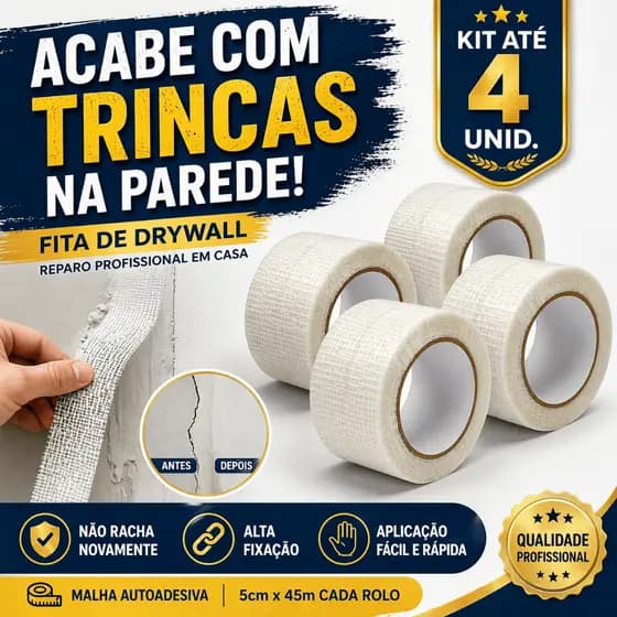 Fita Telada Fibra de Vidro Para Drywall kit até 4 unidades Autoadesiva 5cm x 45m Uso Profissional - Reparo de Trincas