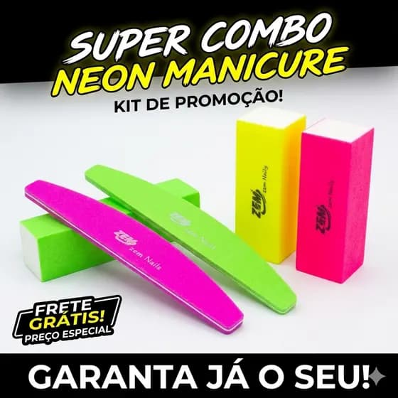 Kit 2 Lixas De Unha + 2 Bloco Polidor Neon Zem Manicure Gel