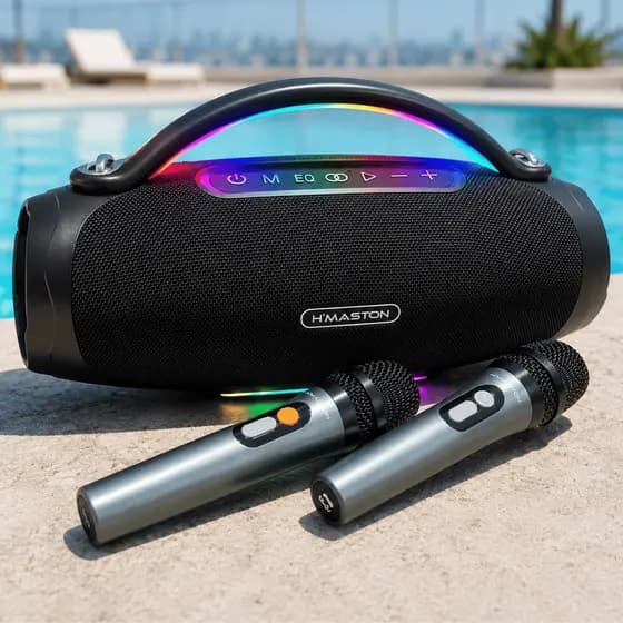 Caixa de Som Bluetooth Portátil H'MASTON RN09 Karaokê 120W com 2 Microfones Sem Fio USB FM e Luz RGB IPX6